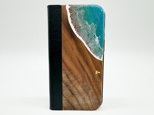 Palm leaf&wave/wood×resin green wave 手帳型case(walnut)