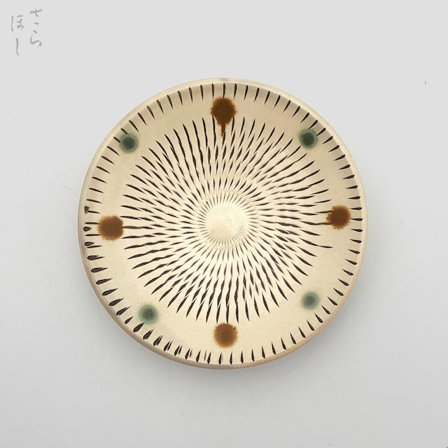 小鹿田焼 小袋窯 4.5寸皿 飛びかんな 赤青ドット 直径約13cm 小皿 陶器 和食器 民藝