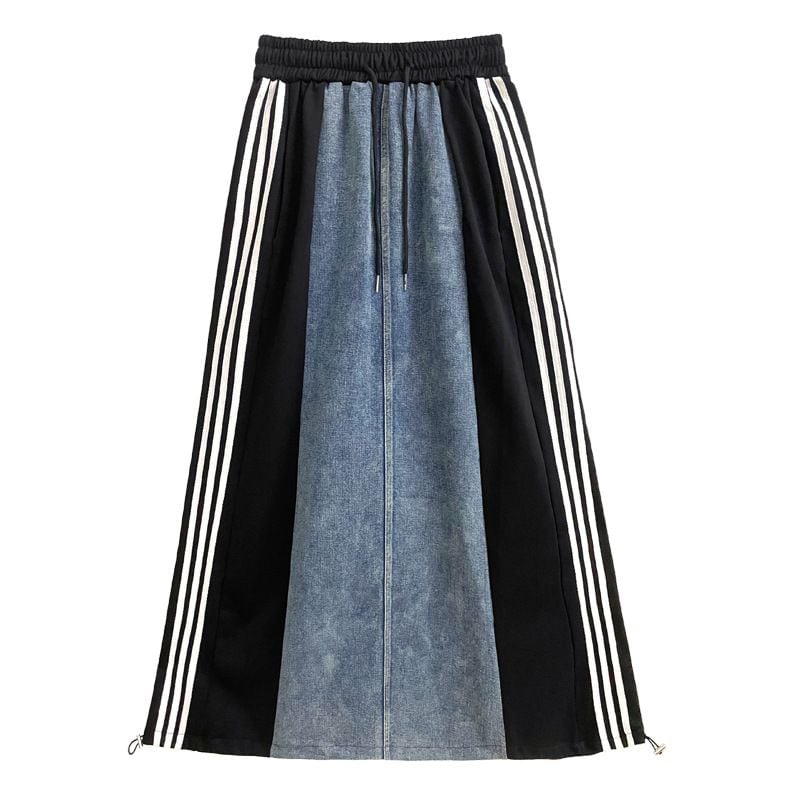 DENIM STITCH SIDE LINED A-LINE LONG CASUAL SKIRT 3colors M-9358
