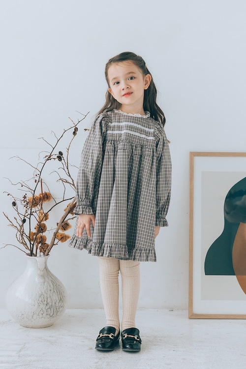 レーススタンドネックワンピース<Gray check>