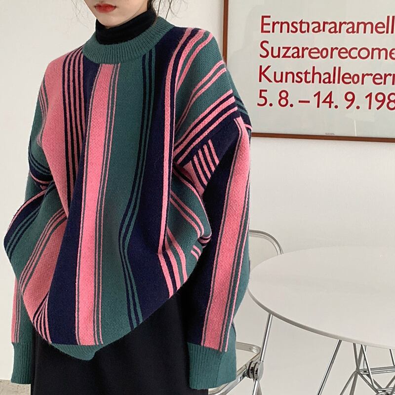 セーター ルーズストライプニットスプリングスタンダードジャケット トップス レトロ 春物 ブラックストロベリース43863182592