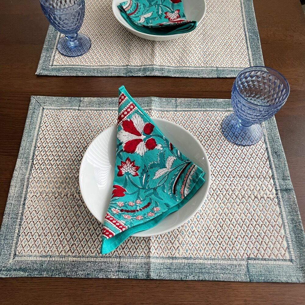 ブロックプリント ランチョンマット Fabindia ブルー | アジアの手仕事
