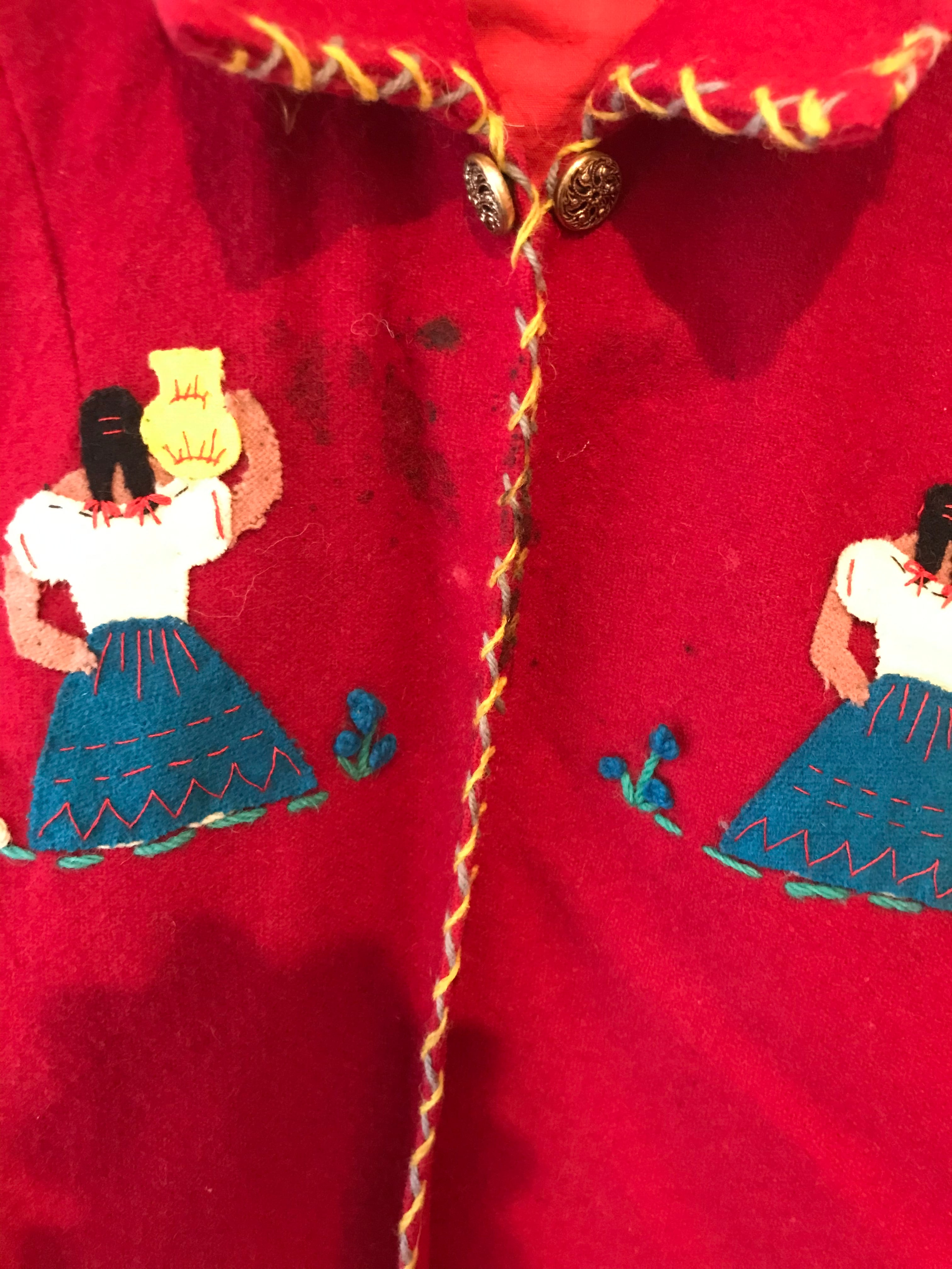 パッチワーク 刺繍 デザイン アート タバスコ 総柄 メキシカン 中綿ジャケット