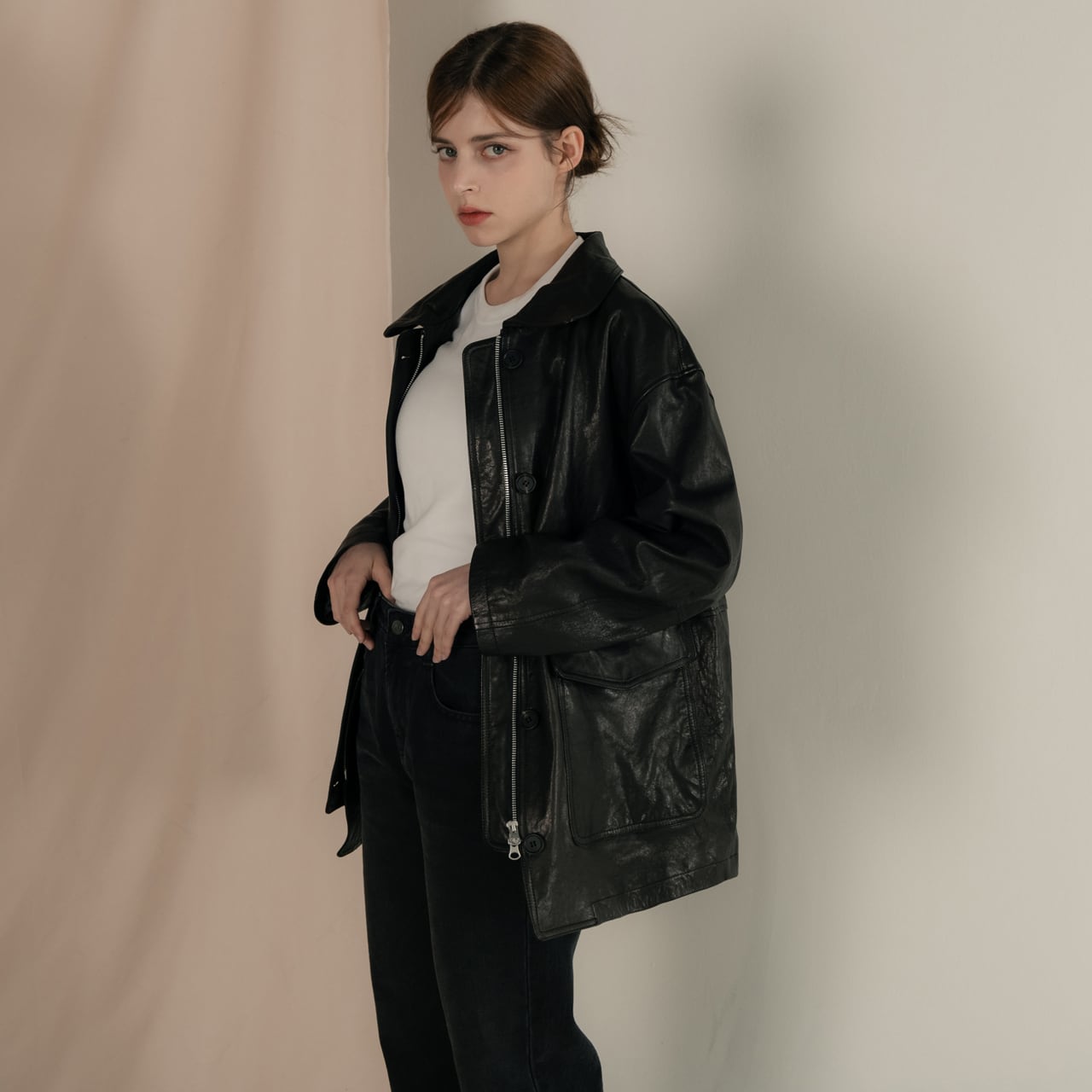 イタリア産ベジタブルラムレザー使用 オーバーサイズレディースハーフ