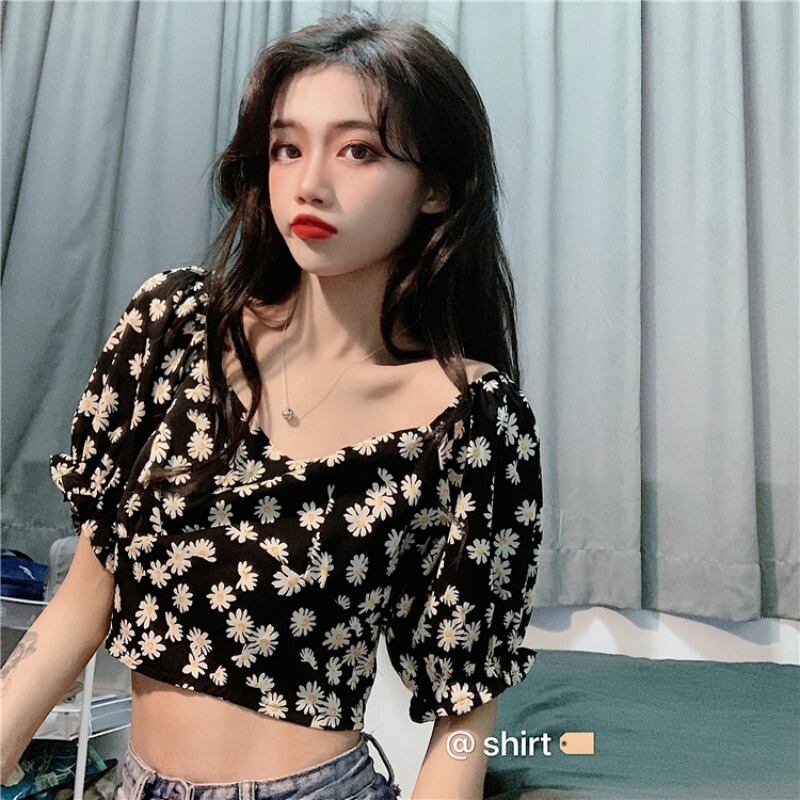 ショートフローラルブラウスレディース2020ニューサマーインスーパーファイアリトルデイジーヒョナスタイルVネックパフスリーブシャツ 1号婦人33751046635