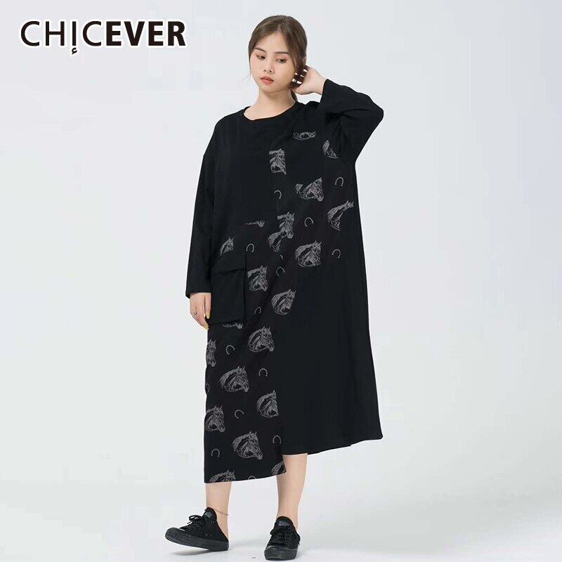 CHICEVERストライププリントドレスレディースOネック長袖パッチワークポケットヒットカラードレス秋の服2020 ロング オータム 秋物 6base596886774254