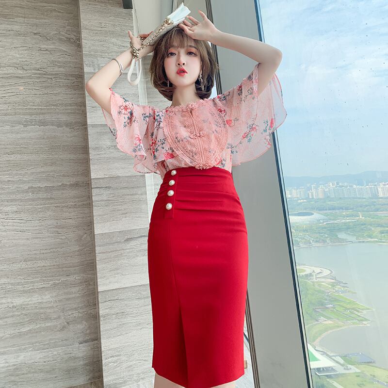 プリントシャツ プリーツスカート シルク ステッチ MIUCO76839878455