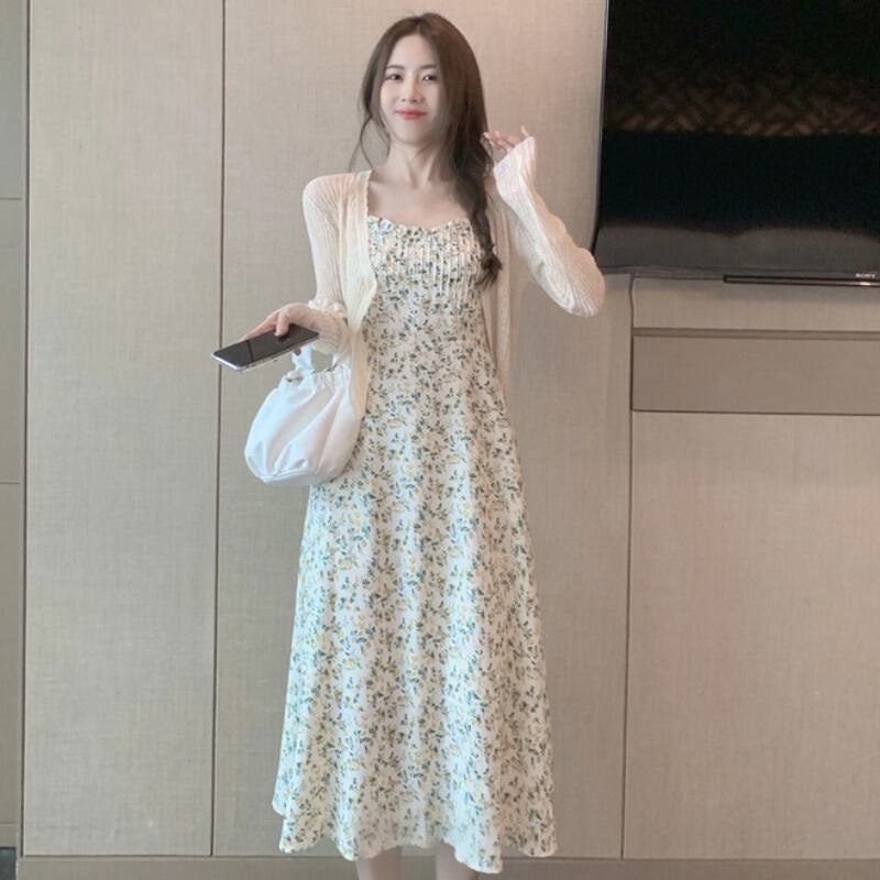 プリーツハイウェストシフォンスタイルドレス ニットジャケット 大人ガーリー スウィート キュート カジュアル YY-ファッション37050470098