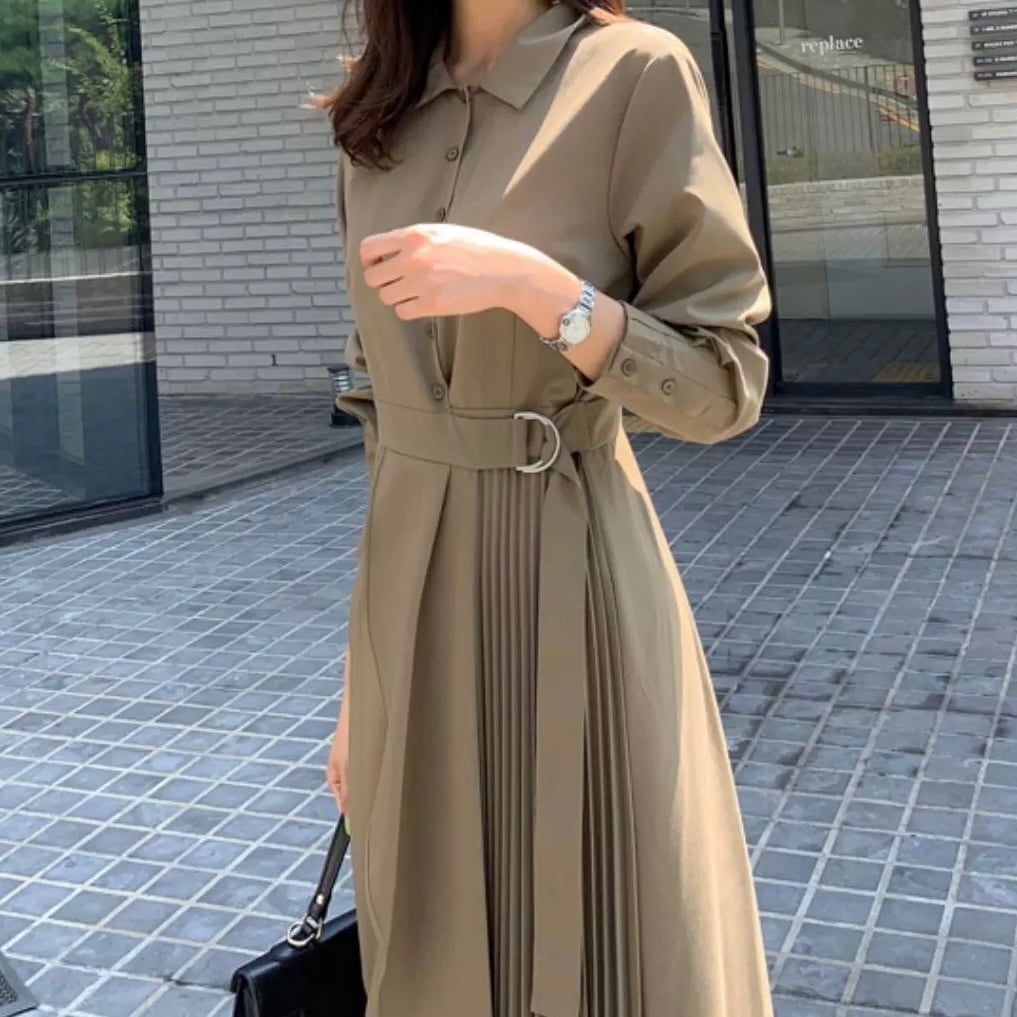 ウエストリボン付きプリーツシャツワンピース ◆2col YH8835