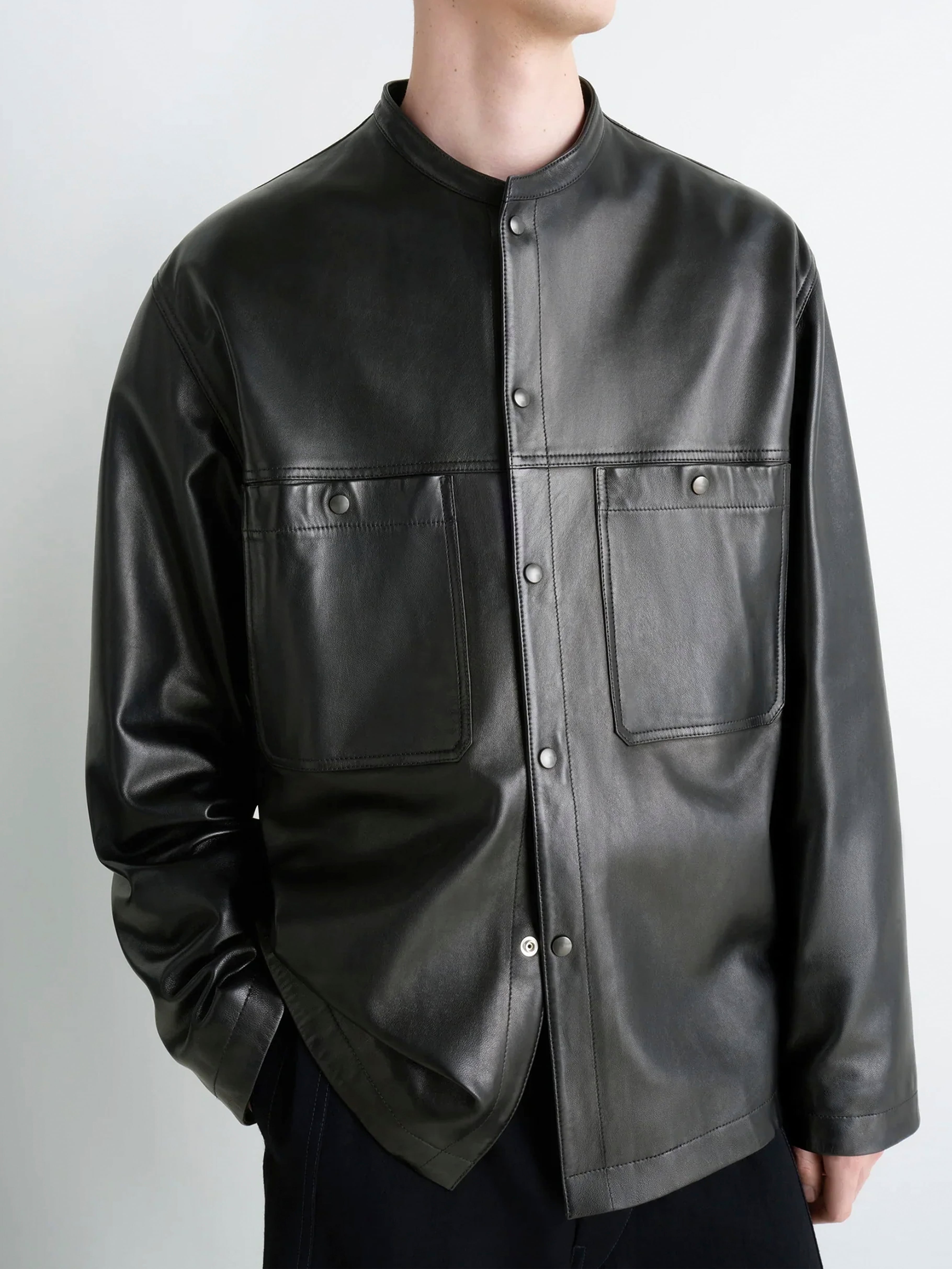 LEMAIRE LEATHER COLLARSTAND OVERSHIRT BLACK OV1028 LL0142