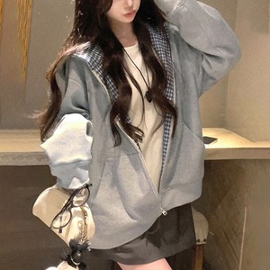 ジップ パーカー レディース 秋冬 韓国 チェック柄 バイカラー フード付き レイヤード風 重ね着風 ドロップショルダー ゆったり スウェット ライトアウター 体型カバー 学生 カジュアル ストリート 通学 旅行 お出かけ 着回し [LW-CGT006]