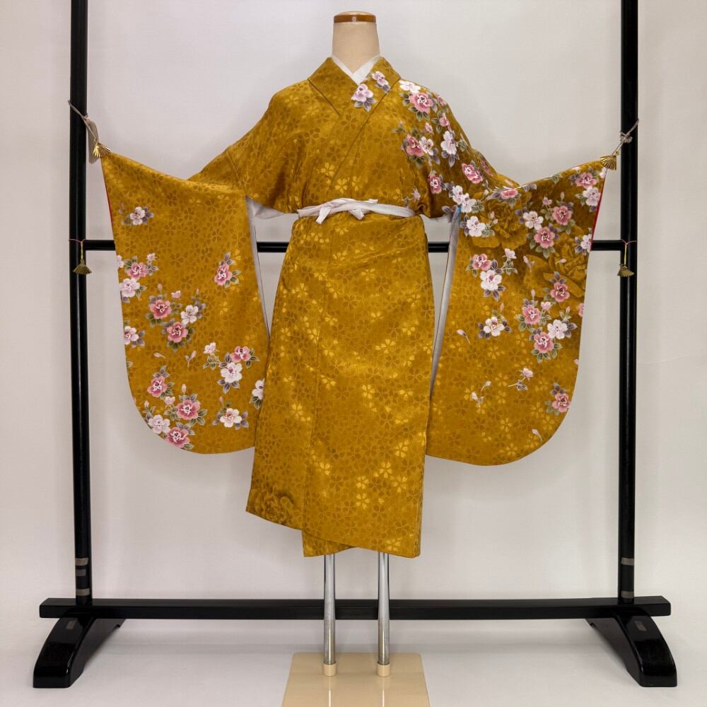 二尺袖 単品 卒業式着物 からし 裄68.5cm Lサイズ 袴用着物 化繊 中古 5821