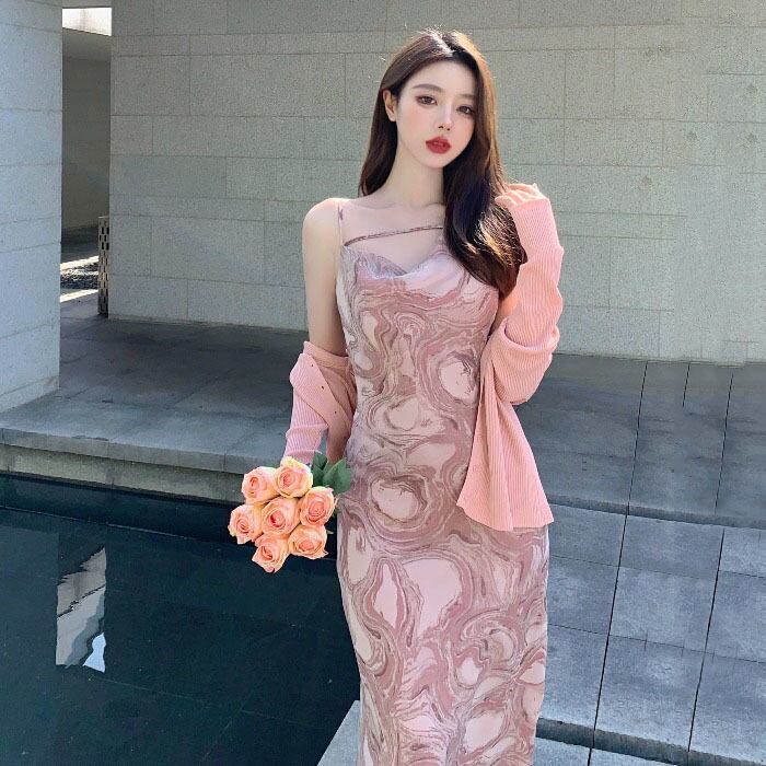 ダークパウダープリントホワイトカラーシフォンスカート カーディガン シルク ドラファッションホール40792056065