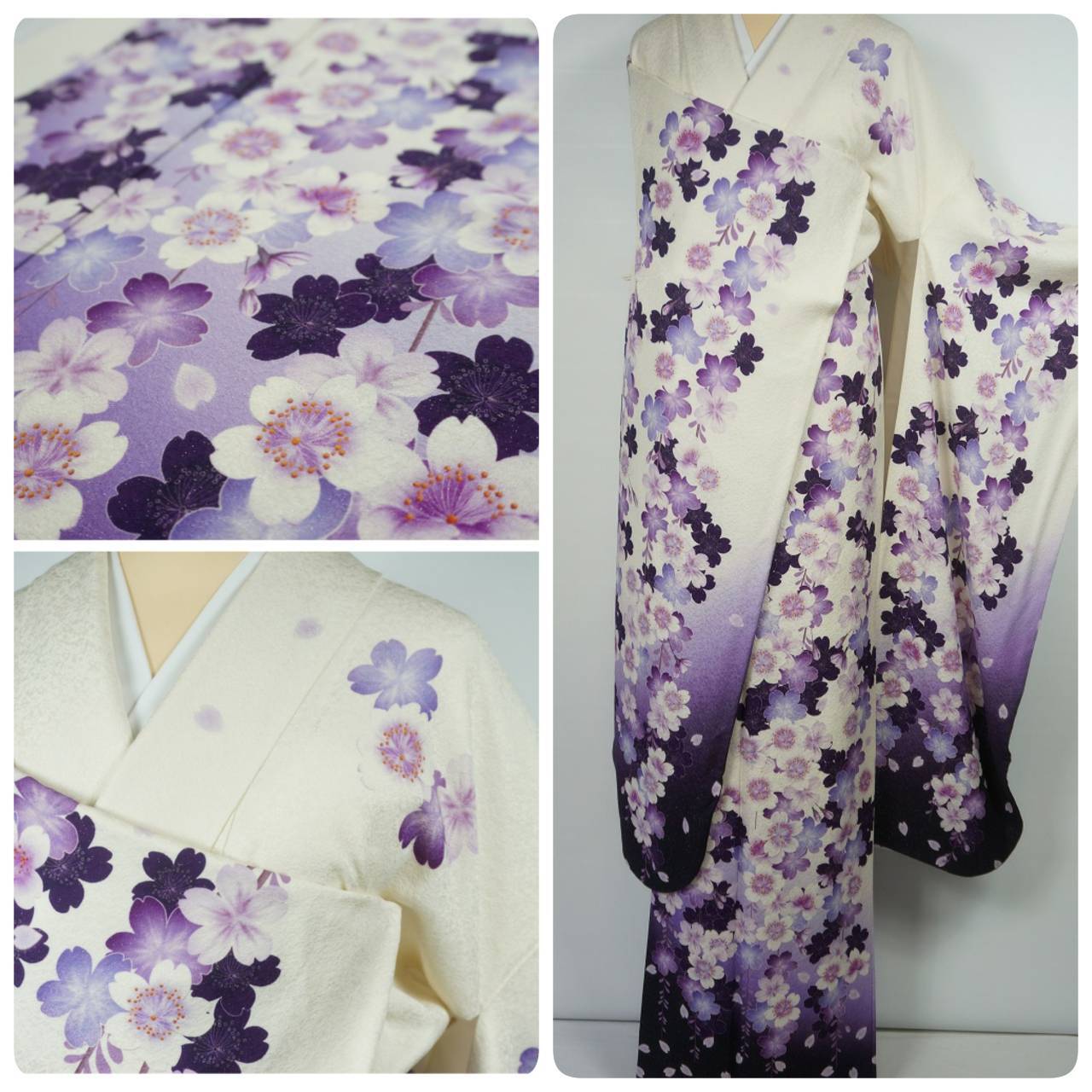 美品 銀通し 枝垂れ桜 振袖 正絹 白 紫 030 | kimono Re:和 [online store] キモノリワ 着物 帯