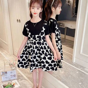 2024/11/26 子供服 韓国 ワンピース 女の子 小学生 春夏秋 半袖 ハート柄 おしゃれ かわいい  ドッキングワンピース 大人可愛い 大人女子 [KS24D002]