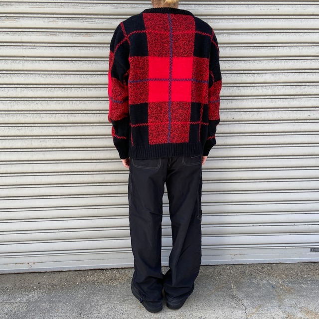 80s Woolrich チェック柄セーター ウールニット ブラック レッド L