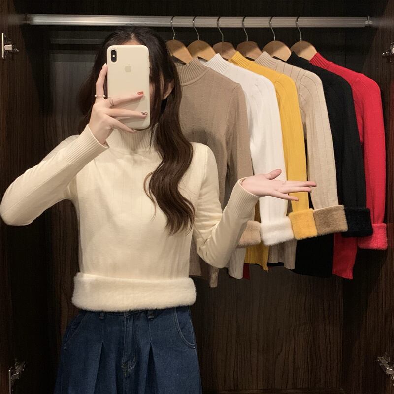 ニットセーター トップス オータムウィンタースタイルベルベット薄手シャツ ロング 秋物 冬物 1号婦人49626435103