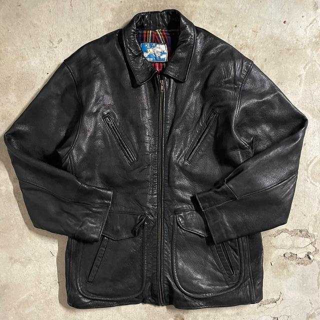 【EURO_vintage】made in France design cow leather jacket/フランス製 デザイン 牛革 レザー ジャケット/xlsize/#0719/osaka