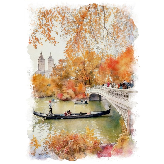 絵画 秋 アメリカ ニューヨーク セントラルパークの紅葉 インテリアアート額付き 水彩画・油絵調 WAT0665