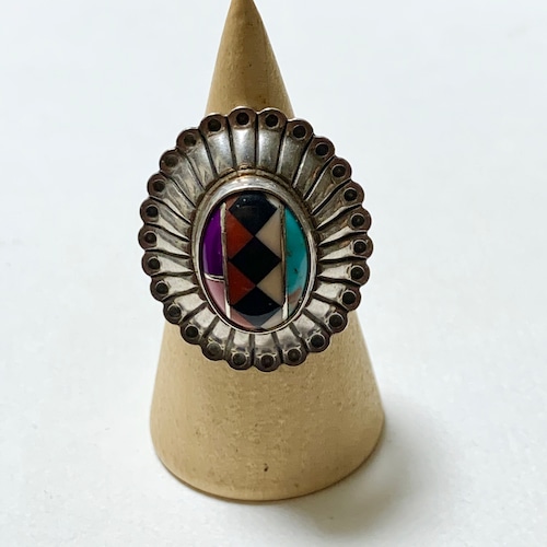 Vintage Zuni Signed Q.T Multi Stone Mosaic Inlay Concho Ring