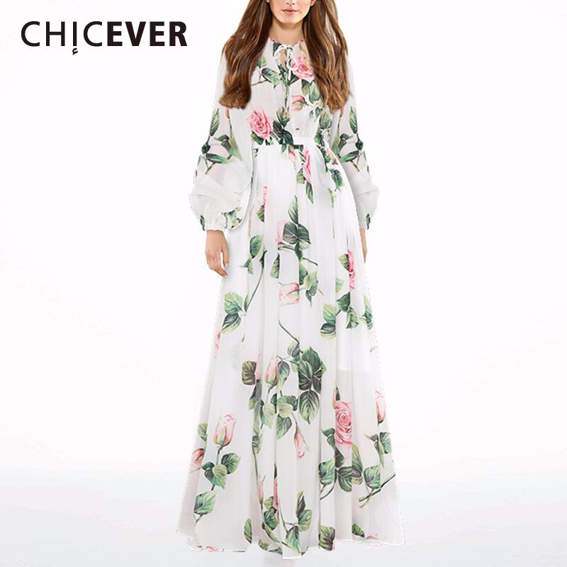 CHICEVERレースアップボウノットレディースドレスOネックランタン長袖ウエストシャーリングフローラルプリントドレス2020 ロング リボン 花柄 6base57203680160