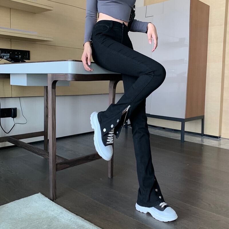 ジーンズ オータム薄手ブラックカジュアルパンツ レッド 秋物 ガールズファッション11489960771