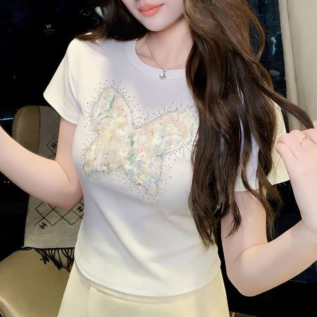 バタフライモチーフラインストーンTシャツ 00484