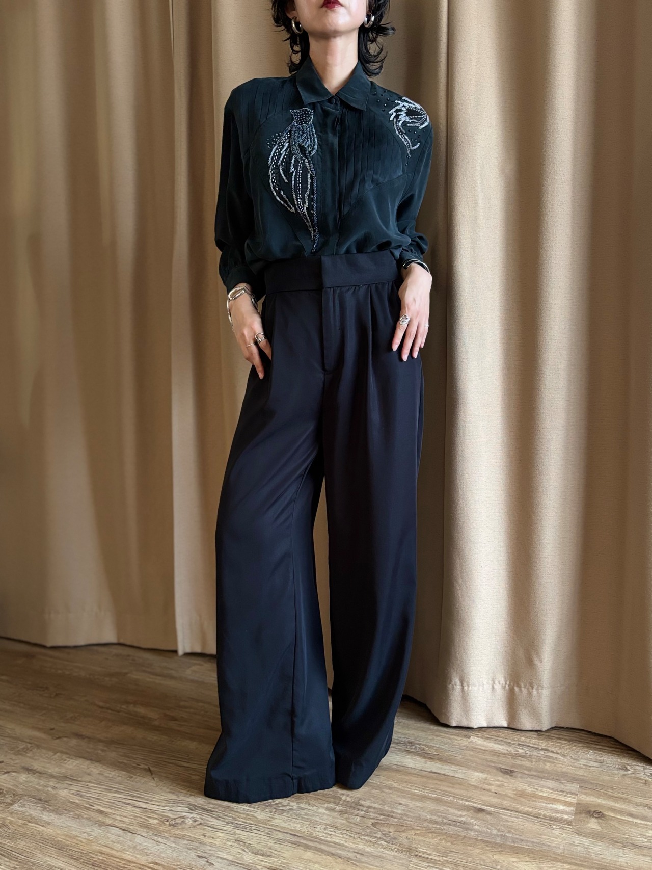 mode beaded embroidery black shirt-5313-7