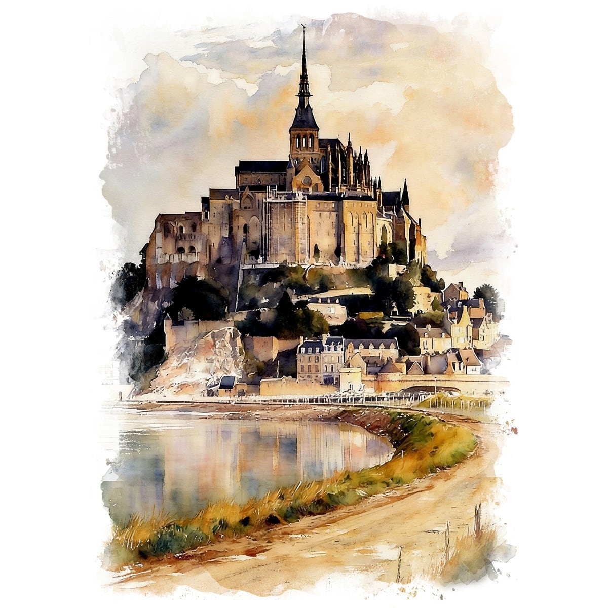 絵画 フランス 風景画(街並み) モン・サン=ミシェル インテリアアート額付き 水彩画・油絵調 WAT0468