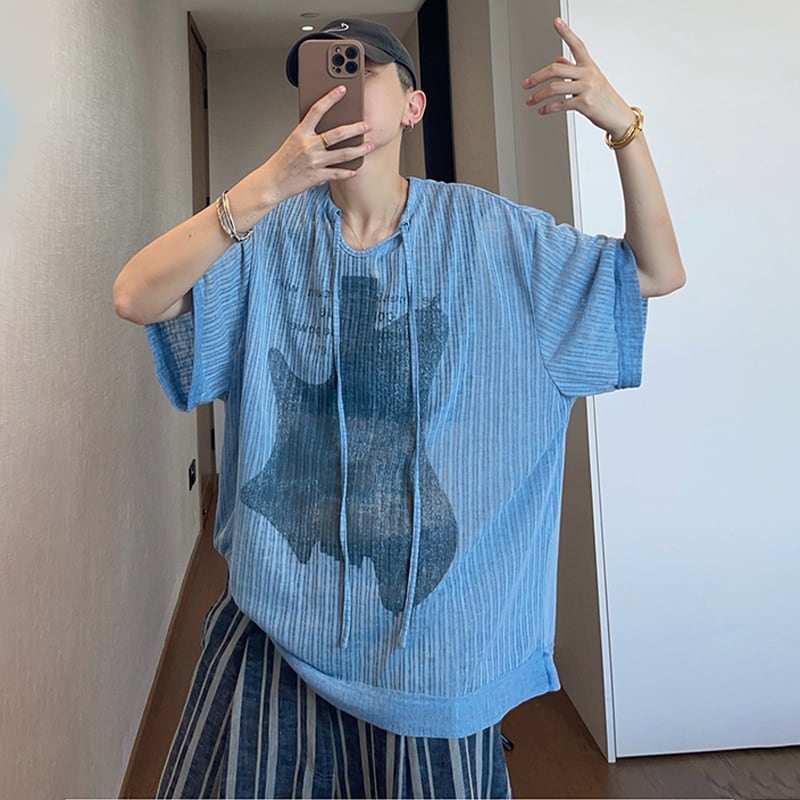 dannyandzeeライトブルーVネックギター柄半袖Tシャツ