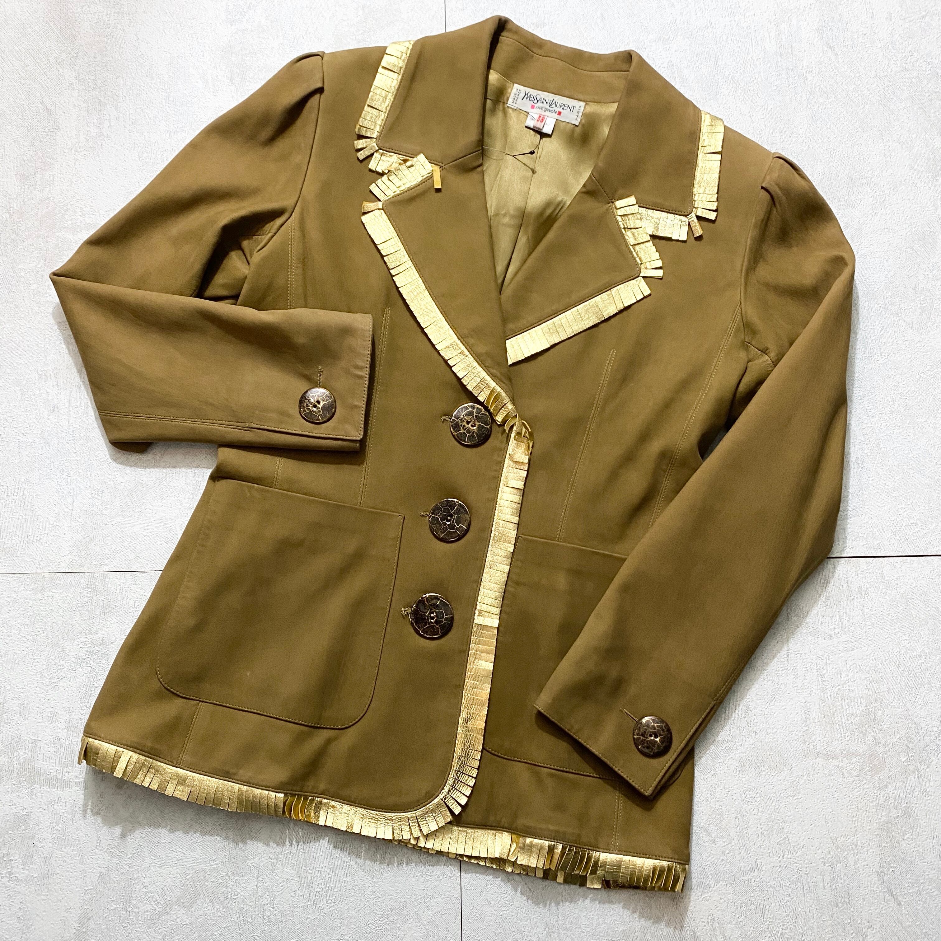 vintage YVES SAINT LAURENT gold fringe piping leather jacket 