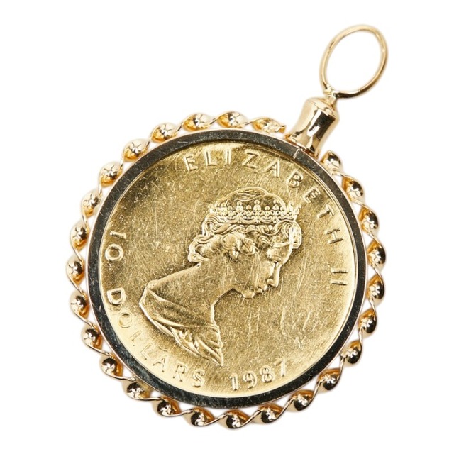 K24IG インゴット K18YG イエローゴールド メープルリーフ 1/4oz カナダ エリザベス2世 10ドル金貨 ペンダントトップ ネックレス レディース 【中古】