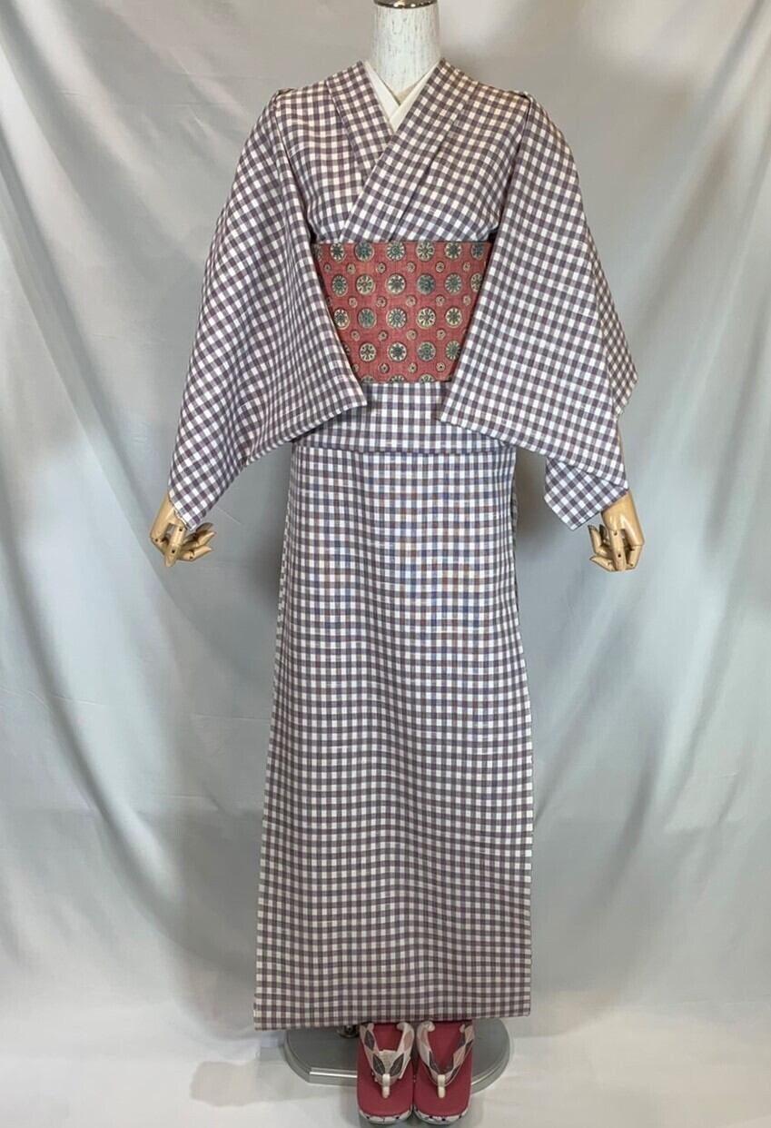 居内商店 木綿着物 格子 渋い赤 小豆色 居内商店 木綿着物 格子 渋い赤 小豆色 伊勢木綿 格子 白×ぶどう ＊