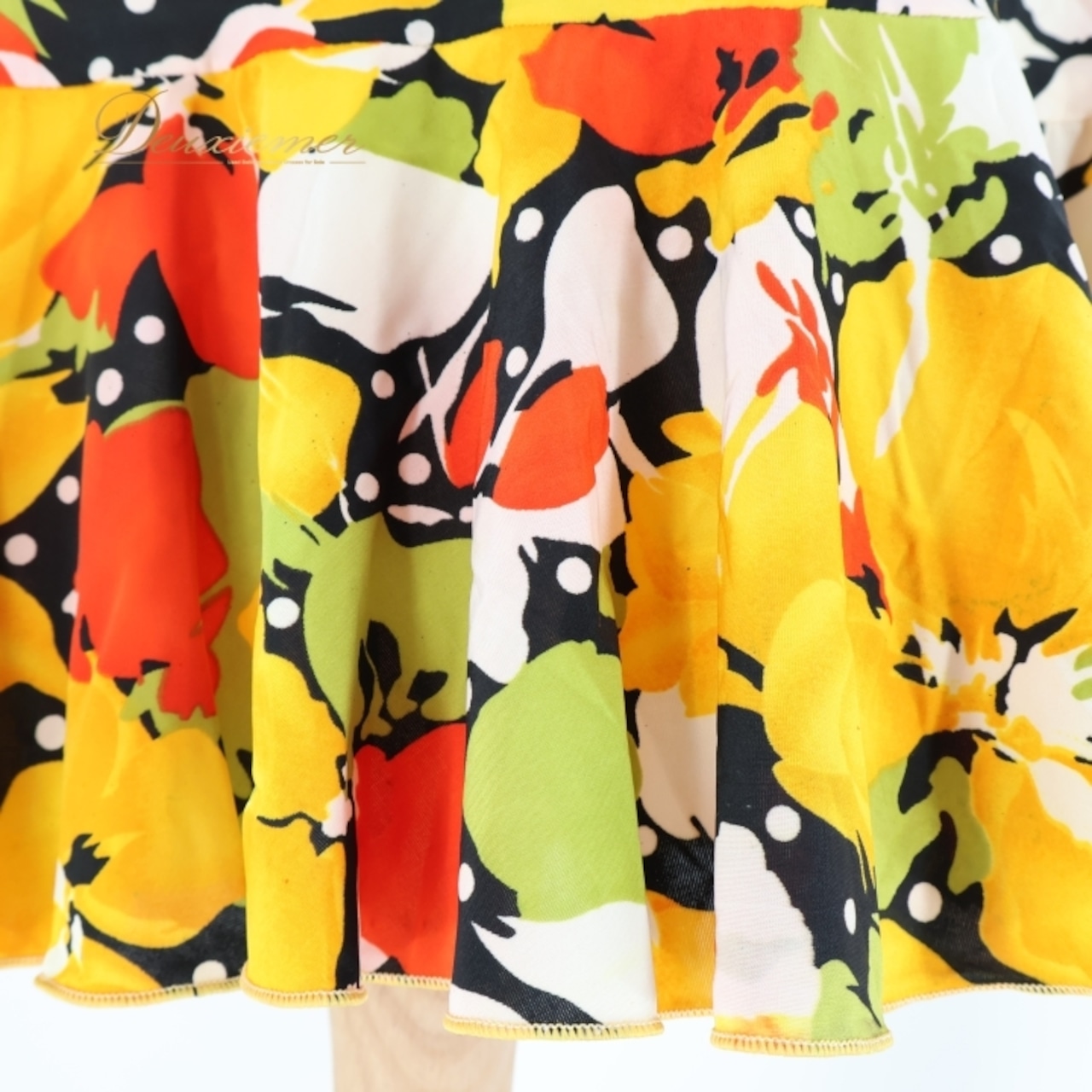 フラメンコ 衣装 ワンピース ドレス イエロー系 オレンジ系 レッド系 黄色 オレンジ 黒 ブラック 花柄 伸縮 ストレッチ 軽い パーティ 発表会 コスチューム おしゃれ レディース 女性用 フラワープリント