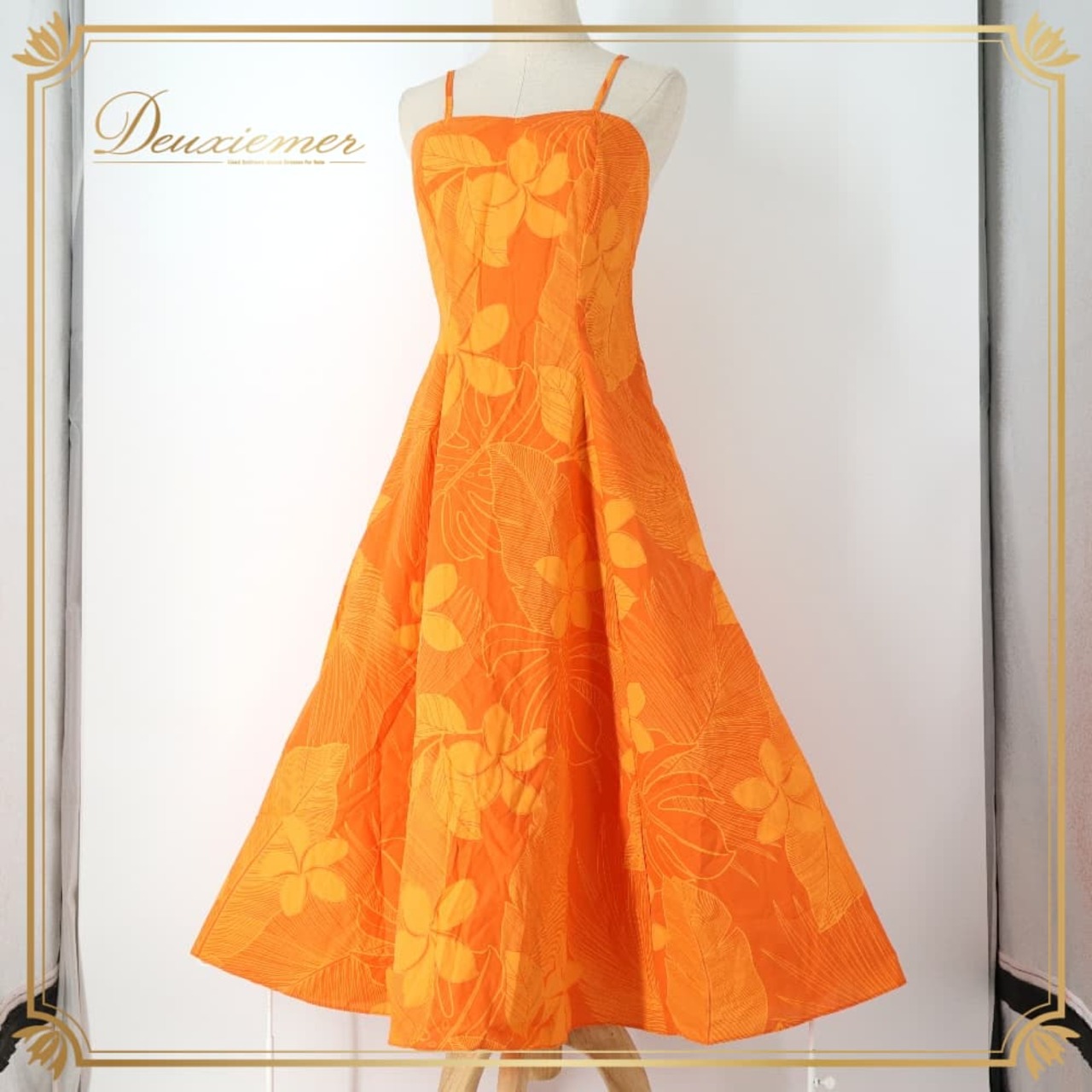 フラダンス 衣装 ワンピース ドレス オレンジ系 Pukalani Fashion ハワイ製 プルメリア柄 モンステラ柄 ハワイアンプリント キャミソールドレス ダンス衣装 ハワイアンダンス レディース アロハ フラ ダンス レッスン 練習 華やか 鮮やか かわいい おしゃれ キャミソール リーフ柄 プリントワンピース フレアワンピース きれいめ 舞台 発表会 やわらかい生地 花柄 モダン ボタニカル 夏コーデ リゾート風