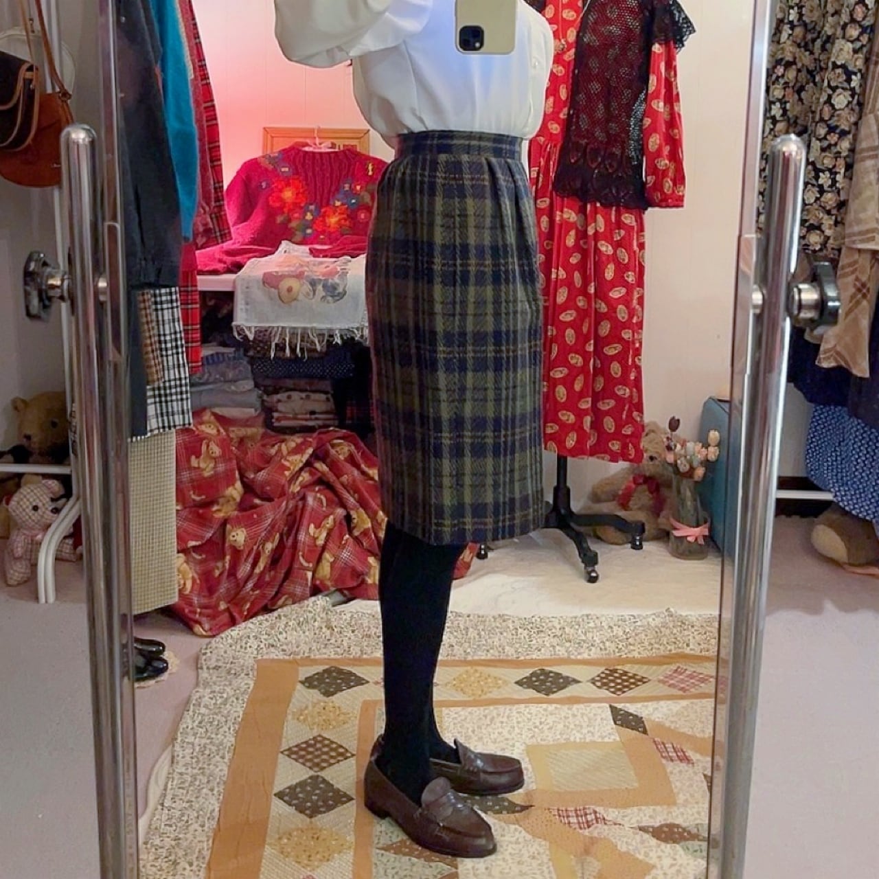 green check semi tight skirt