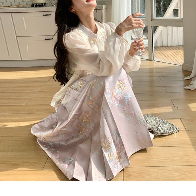 チャイナドレス 刺繡 ツーピース セット ホワイト ピンク 250359