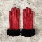 Red suede leather and black real fur gloves