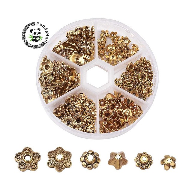 1 ボックス混合スタイルチベットスタイル合金の花ビーズキャップアンティークゴールデンシルバー 7 〜 10x4 〜 10 ミリメートル穴: 1 〜 2 ミリメートル約 30 ピース/コンパートメント
