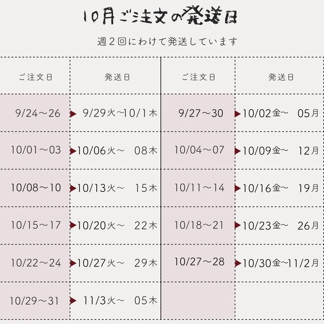 発送は週2回(火〜木)・(金〜月)です。10月の発送日