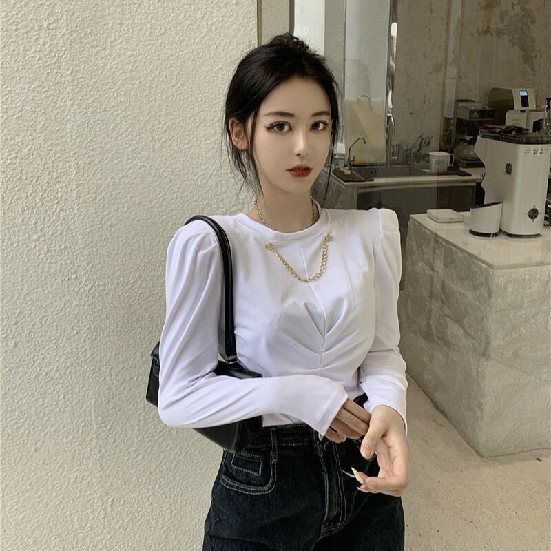 Tシャツ シャツ チェーン スリムホワイトスプリングスタイル ロング 春物 ステッチ ブラックストロベリース97001288283