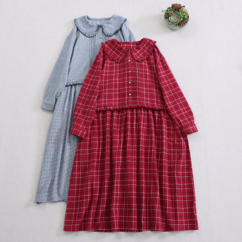 フリル襟チェックワンピース W2001