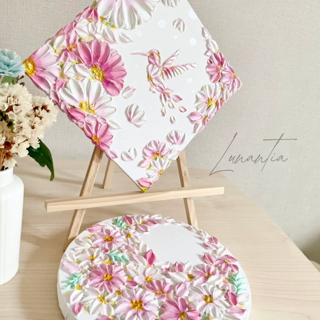 花唄の翼〈秋桜〉」20㎝ ハチドリのテクスチャーアート コスモス 秋