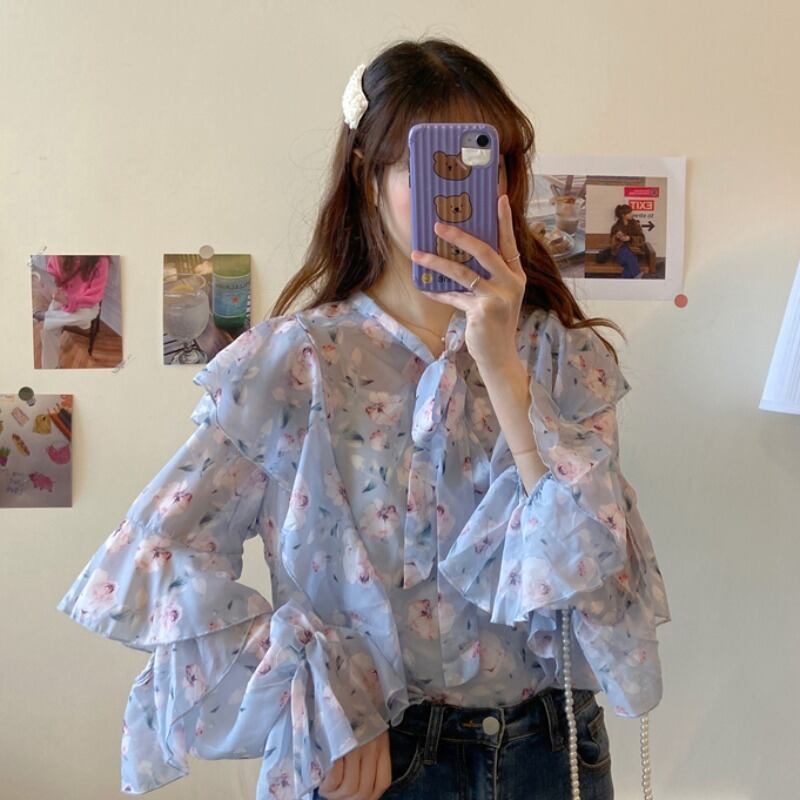 フローラルシフォンシャツ レディーススプリングブルー ロング 大人ガーリー スウィート キュート カジュアル 春物 花柄 YY-ファッション10652638676