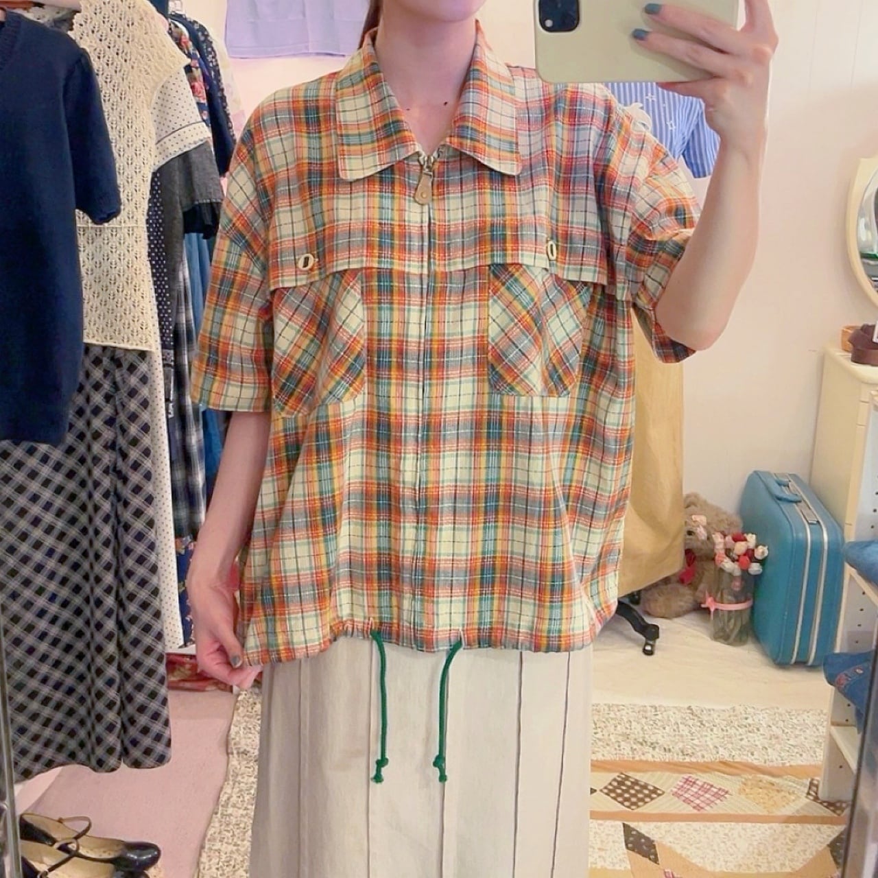 green madras check zip-up shirt
