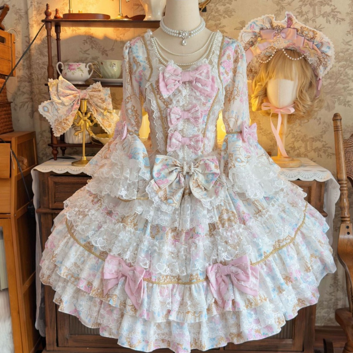 ゆめかわ♡全4カラー 王朝風フリルロリィタワンピース wanpi91