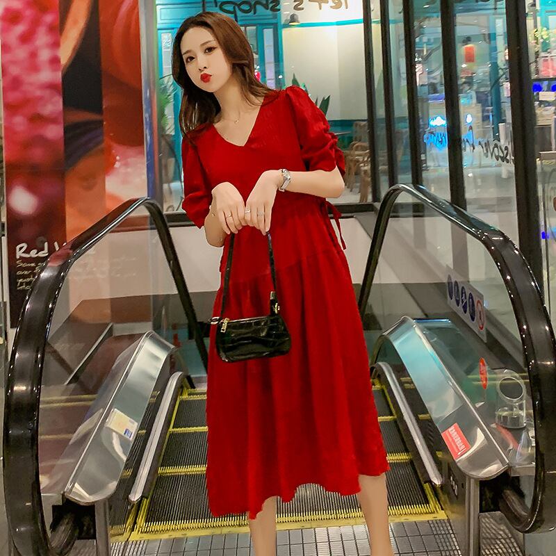 【新作】【送料無料】 マタニティウェア2020夏の新しいフォームコットンVネックルーズドレス、トレンディなマザーミドル丈、年齢を減らすマタニティドレス-アリババ サマー 夏物 expec249106813314