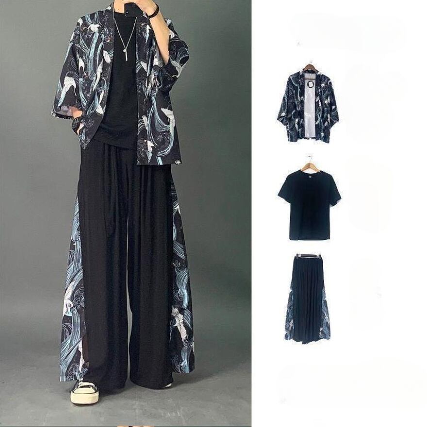 即納 ブラックM サブカル系 セットアップ3点セット シャツ インナー パンツ メンズ 普段着