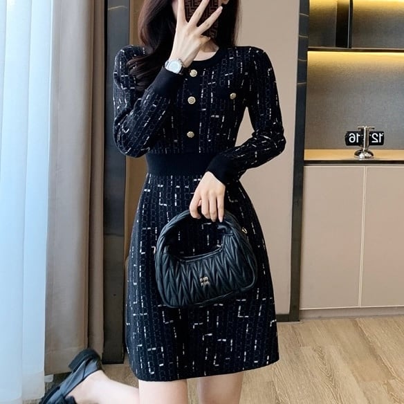 ボタンフロント Aライン ニットワンピース YH9882