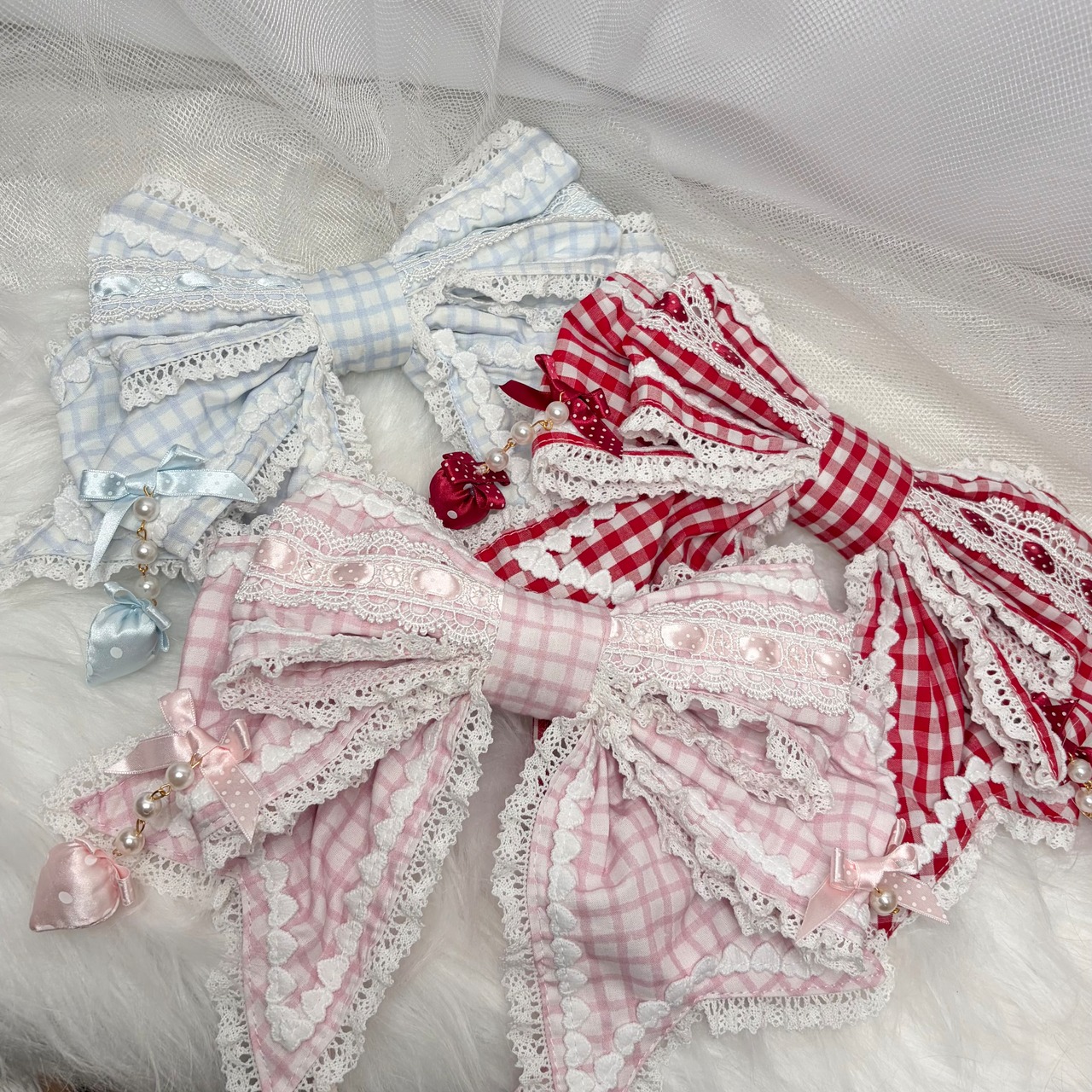 ♡【全3色】MAID Strawberry ギンガムチェック ドット柄リボンフリルカチューシャ pink ♡